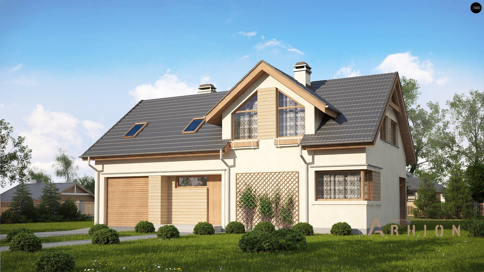 1. Проект одноэтажного дома в альпийском стиле с двускатной кровлей, Z122 v2, площадью - 189 кв c мансардой, терассой, гаражом